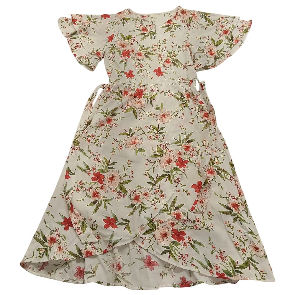 Flamingo Wrap Around Dress S Red Floral Flutter Sleeve